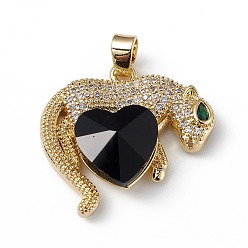 Black Real 18K Gold Plated Rack Plating Brass Micro Pave Clear Cubic Zirconia Pendants, with Glass, Long-Lasting Plated, Cadmium Free & Lead Free, Leopard with Heart Charm, Black, 24.5x25x8.2mm, Hole: 5x3.2mm