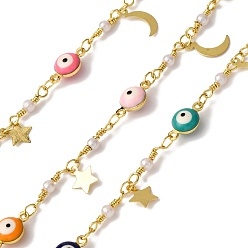 Настоящее золото 18K Латунные цепи от сглаза, с эмалью, пайки, с катушкой, с прелестями звезды и луны, реальный 18 k позолоченный, 12x7x4.5 мм