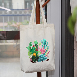 White DIY Cactus & Succulent Plants Pattern Tote Bag Embroidery Kit, including Embroidery Needles & Thread, Cotton Fabric, Plastic Embroidery Hoop, White, 390x340mm