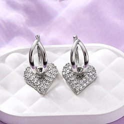 Платина Латунные серьги-кольца из прозрачного кубического циркония, сердце, без кадмия и без свинца, стойки покрытие, долговечный, платина, 30x16 мм