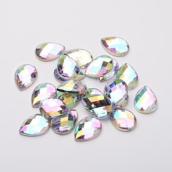 Clear AB Imitation Taiwan Acrylic Rhinestone Cabochons, Flat Back, Faceted Teardrop, AB Color, Clear AB, 14x10x3mm, about 1000pcs/bag