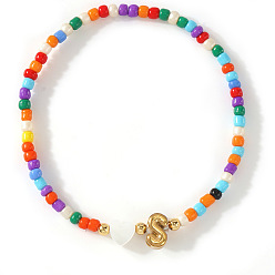 Letter S Красочные круглые браслеты из стеклянного бисера, эластичные, 304 Браслеты из нержавеющей стали с подвесками в виде ракушек для женщин, письмо и сердце, золотые, Письмо с, 6.89 дюйм (17.5 см)