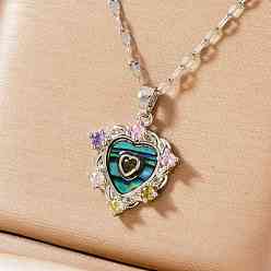 Платина Латунные разноцветные кубические цирконии ожерелья в форме сердца с подвеской, с Пауа оболочке, платина, 15.75 дюйм (40 см)