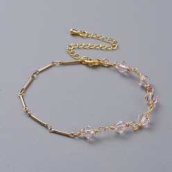 PeachPuff Bicone Austrian Crystal Beaded Bracelets, with Real 18K Gold Plated Brass Bar Link Chains, Brass Chain Extender and Lobster Claw Clasps, PeachPuff, 7-1/4 inch(18.5cm)