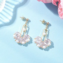 Pink Веерные стеклянные серьги-гвоздики, с 304 фурнитурой для сережек из нержавеющей стали и круглыми бусинами из стеклянного жемчуга, золотые, розовые, 40.5x24.5~25.5 мм