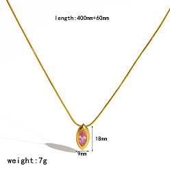 Pink 304 Stainless Steel Pave Cubic Zirconia Pendant Necklaces, Horse Eye, Real 18K Gold Plated, Pink, 15.75 inch(40cm)