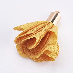 Orange Cloth Pendant Decorations, with Brass Findings, Flower, Golden, Orange, 32~34x21~27mm, Hole: 1mm
