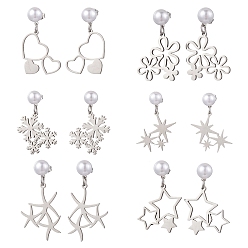 Нержавеющая Сталь Цвет 6 пары 6 стили 201 серьги-гвоздики из нержавеющей стали, с 304 серьгами из нержавеющей стали, сердце и цветок и снежинка и звезда, цвет нержавеющей стали, 34.5~40.5x20~27 мм, 1 пара / стиль
