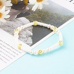 White Handmade Polymer Clay Heishi Beaded Stretch Bracelets, with Natural Pearl Beads, Smiling Face, White, Inner Diameter: 2-1/8 inch(5.5cm)