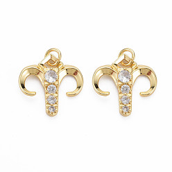 Clear Brass Micro Pave Cubic Zirconia Pendants, Nickel Free, Golden, Aries, Clear, 17.5x17.5x3mm, Hole: 3mm