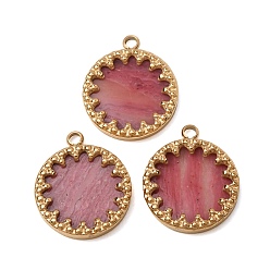 Rhodonite Natural Rhodonite Pendants, 304 Stainless Steel Flat Round Bezeled Charms, Ion Plating(IP), Real 14K Gold Plated, 15.5x13~13.5x2.5mm, Hole: 1.6mm