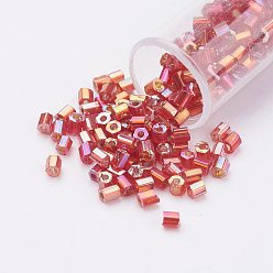 Cerise 11/0 Two Cut Round Hole Glass Seed Beads, Hexagon, Silver Lined, Rainbow Plated, Cerise, 2x2mm, Hole: 0.5mm, about 41000pcs/pound