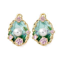 Лиловый Подвески из эмалевого сплава легкого золота, с ABS имитации жемчуга, овал с цветочными подвесками, стойки покрытие, сирень, 24x14.5x6.5 мм, отверстие : 2 мм