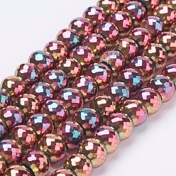 Rose Gold Plated Electroplate Glass Bead Strands, Full Plated, Faceted Rondelle, Rose Gold Plated, 8x6mm, Hole: 1mm, about 39pcs/strand, 7.8 inch(20cm)