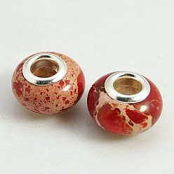 Rot Europäische Perlen aus synthetischem Regalit, mit versilbertem Messing-Einzelkern, Rondell, rot, 14x9 mm, Bohrung: 5 mm