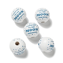 Steel Blue Printed Wood European Beads, Round with Word Pattern, Steel Blue, 15.5~16mm, Hole: 4~4.5mm