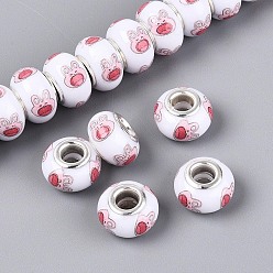 Кролик Непрозрачная смола европейский бисер, RONDELLE большие шарики отверстия, с латунными сердечниками с серебряным покрытием, розовые, кролик, 13.5~14x9 мм, отверстие : 5 мм