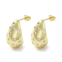 Golden Brass with Cubic Zirconia Stud Earrings, Teardrop, Lead Free & Cadmium Free, Long-Lasting Plated, Golden, 20x12mm