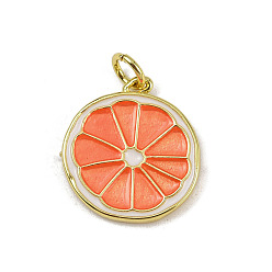 Легкий Лосось Латунь эмаль подвески, с целью перехода в кольце, очарование ломтиков лимона, без свинца и без кадмия, долговечный, стойки покрытие, реальный 18 k позолоченный, светлый померанцевый, 17.5x16x2 мм, отверстие : 3 мм