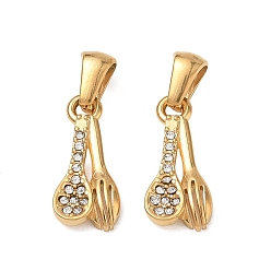 Golden 304 Stainless Steel Rhinestone Pendants, Spoons & Forks Charms, Ion Plating(IP), Golden, 17.5x8x2.5mm, Hole: 6x3mm
