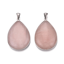 Rose Quartz Natural Rose Quartz Pendants, 304 Stainless Steel Teardrop Bezeled Charms, Stainless Steel Color, 36~36.5x25~25.5x7.5~8.5mm, Hole: 5x3mm