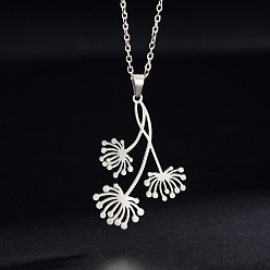 Stainless Steel Color Bohemian 304 Stainless Steel Triple Dandelion Flower Pendant Necklaces for Women, Stainless Steel Color, 17.72 inch(45cm)