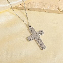 Stainless Steel Color 304 Stainless Steel Textured Religion Cross Pendant Necklaces, Stainless Steel Color, 15.75 inch(40cm)