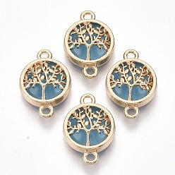 Licht Himmel blau Glasverbindungsstecker, mit leicht vergoldeten Legierungsbefunden, flach rund mit Baum, Licht Himmel blau, 13.5x19.5x5.5 mm, Bohrung: 1.6 mm