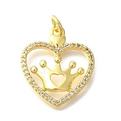 Настоящее золото 18K Латунные микропаве прозрачные подвески с фианитом, сердце прелести, с целью перехода в кольце, реальный 18 k позолоченный, 21x18.5x3.5 мм, отверстие : 3 мм