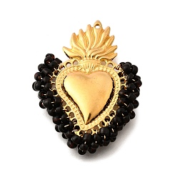 Черный 304 подвески из нержавеющей стали, со стеклянными бисеринами, очарование священного сердца, реальный 18 k позолоченный, чёрные, 44~44.5x34~35x7 мм, отверстие : 1.2 мм