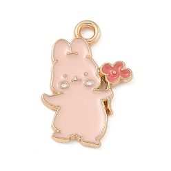 Розовый Подвески из эмали и сплава, золотой свет, без кадмия и без свинца, кролик с цветочным шармом, туманная роза, 20x14x1.5 мм, отверстие : 1.8 мм