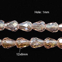 Pink Стеклянные бусины с гальваническим покрытием , с покрытием AB цвета, Грановитая Teardrop, розовые, 12x8 мм, 58 шт / нитка, 26.5 дюйм