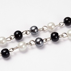 Черный Стекло жемчужные бусины ручной работы круглых цепи для ожерелья браслеты делает, с железным штифтом, несварные, чёрные, 39.3 дюйм, бусина : 6 mm