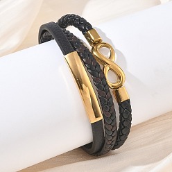 Negro Pulseras multihilo de cordón de cuero de microfibra trenzado, 304 Pulseras con dije de infinito de acero inoxidable para mujeres y hombres, con cierres magnéticos, negro, 8.46 pulgada (21.5 cm)