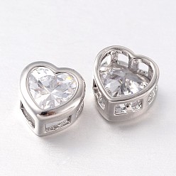 Echt platiniert Herz Messing Strass Perlen, Cadmiumfrei und Nickel frei und Bleifrei, Echt platiniert, 7.5x7.5x4.5 mm, Bohrung: 3x2 mm