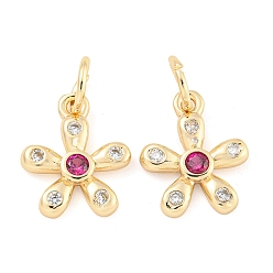 Настоящее золото 18K Покрытие стойки латунь микропаве прозрачные кубические циркониевые подвески, долговечный, без свинца и без кадмия, цветок, с целью перехода в кольце, темно-розовыми, реальный 18 k позолоченный, 13.5x11x2 мм, отверстие : 4 мм