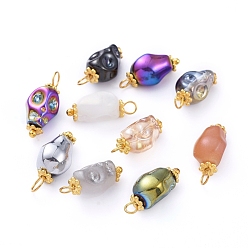 Mixed Color Electroplate Glass Pendants, with Alloy Flower Daisy Spacer Beads and Brass Findings, Nuggets, Golden, Mixed Color, 16~17.5x7.5x7mm, Hole: 3~3.5mm