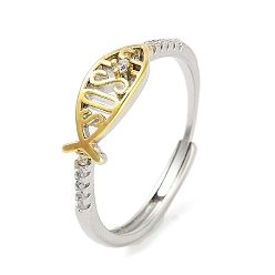 Платиновый & Золотой Регулируемые кольца из латуни «рыба Иисуса» с микро-паве и прозрачным фианитом, для женщин, платиной и золотом, 5.5 мм, внутренний диаметр: 19 мм
