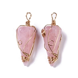 Rose Quartz Natural Rose Quartz Copper Wire Wrapped Big Pendants, Faceted Cone Charms, Rose Gold, 50~50.5x16.5x18~19mm, Hole: 8x3.5~4mm
