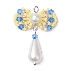 Шампанско-Желтый Стеклянные бусины ручной работы, Ткацкий станок, с акриловыми шариками, бантом кулон, шампанское желтый, 33x26.5x7.5 мм, отверстие : 2 мм