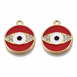 Темно-Красный Стойки обшивки сплава эмали подвески, с кристально горный хрусталь, золотой свет, без кадмия, без никеля и без свинца, плоский круглый с оберегами от сглаза, темно-красный, 18x15x1.5 мм, отверстие : 1.6 мм