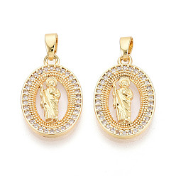 Настоящее золото 18K Религия латунь микро проложить цирконий подвески, овал с амулетами святого Иуды, реальный 18 k позолоченный, 20x13x2 мм, отверстие : 4.5x2.5 мм