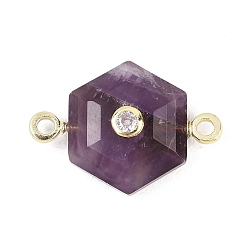 Аметист Ограненные натуральные аметисты, резные звенья, шестиугольник с латунной микропаве, прозрачными кубическими циркониями и латунной фурнитурой., золотые, стойки покрытие, 17x27x8 мм, отверстие : 2 мм