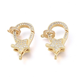 Настоящее золото 18K Латунная застежка-клешня с микропейвом из прозрачного кубического циркония, с поручнями/трубчатыми поручнями, долговечный, звезда, реальный 18 k позолоченный, 24x13.5x7.5 мм, отверстие : 3 мм