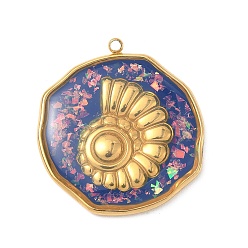 Purple 304 Stainless Steel Epoxy Resin with Natural Shell and Sequins Inside Pendants, Flat Round with Shell Shape Charms, Real 18K Gold Plated, PVD Vacuum Plating, Purple, 28x26x3mm, Hole: 1.5mm