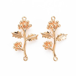 Real 18K Gold Plated Brass Connector Charms, Nickel Free, Holly Leaf and Berries, Real 18K Gold Plated, 24x15x6mm, Hole: 1mm