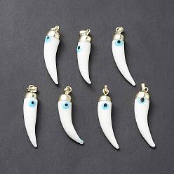 Белый Ручной зла подвески бусины глаз, с реечным покрытием латунной фурнитурой цвета светлого золота, долговечный, без свинца и без кадмия, рог очарование, белые, 43~46x9~11x10~11 мм, отверстие : 7x4 мм