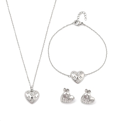 Нержавеющая Сталь Цвет Сердце 304 ожерелья, браслеты и серьги-гвоздики из нержавеющей стали с микропаве из прозрачного кубического циркония для женщин, цвет нержавеющей стали, 7.68 дюйм (195 мм)