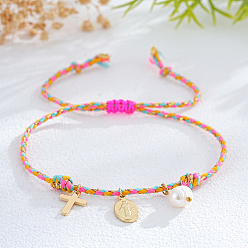 Ярко-Розовый Богемные браслеты из латуни с подвесками из натурального пресноводного жемчуга, регулируемые плетеные браслеты из хлопкового шнура для женщин, крест и овал с иисусом, ярко-розовый, 11.02 дюйм (28 см)