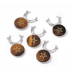 Tiger Eye Natural Tiger Eye Connector Charms, Cattle Head Links with Star, with Rack Plating Platinum Tone Brass Findings, Cadmium Free & Lead Free, 47.5x31.5x5mm, Hole: 2mm